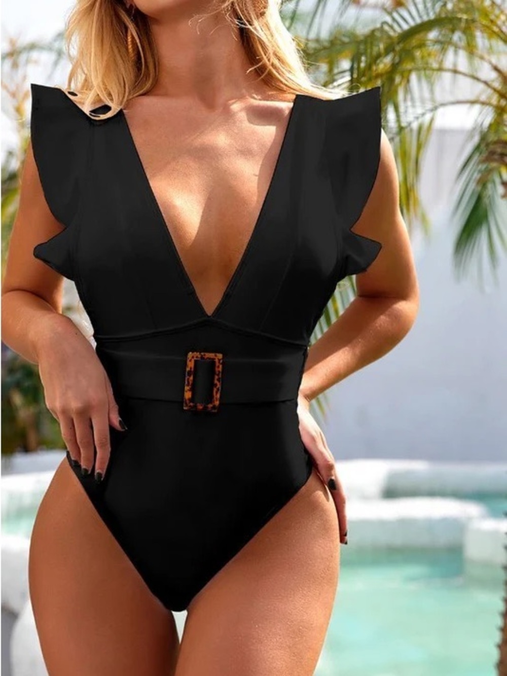 Ruffled Deep V Black One-Piece Swimsuit with Tortoiseshell Buckle